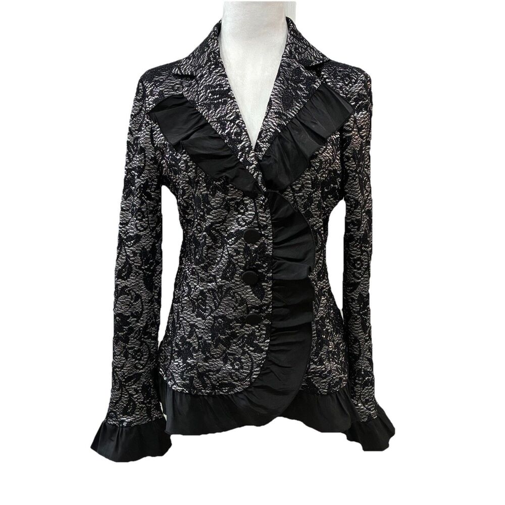 Cartise Black Floral Lace Blazer Jacket Whimsygoth Romantic Ruffle Accent Sz. 10